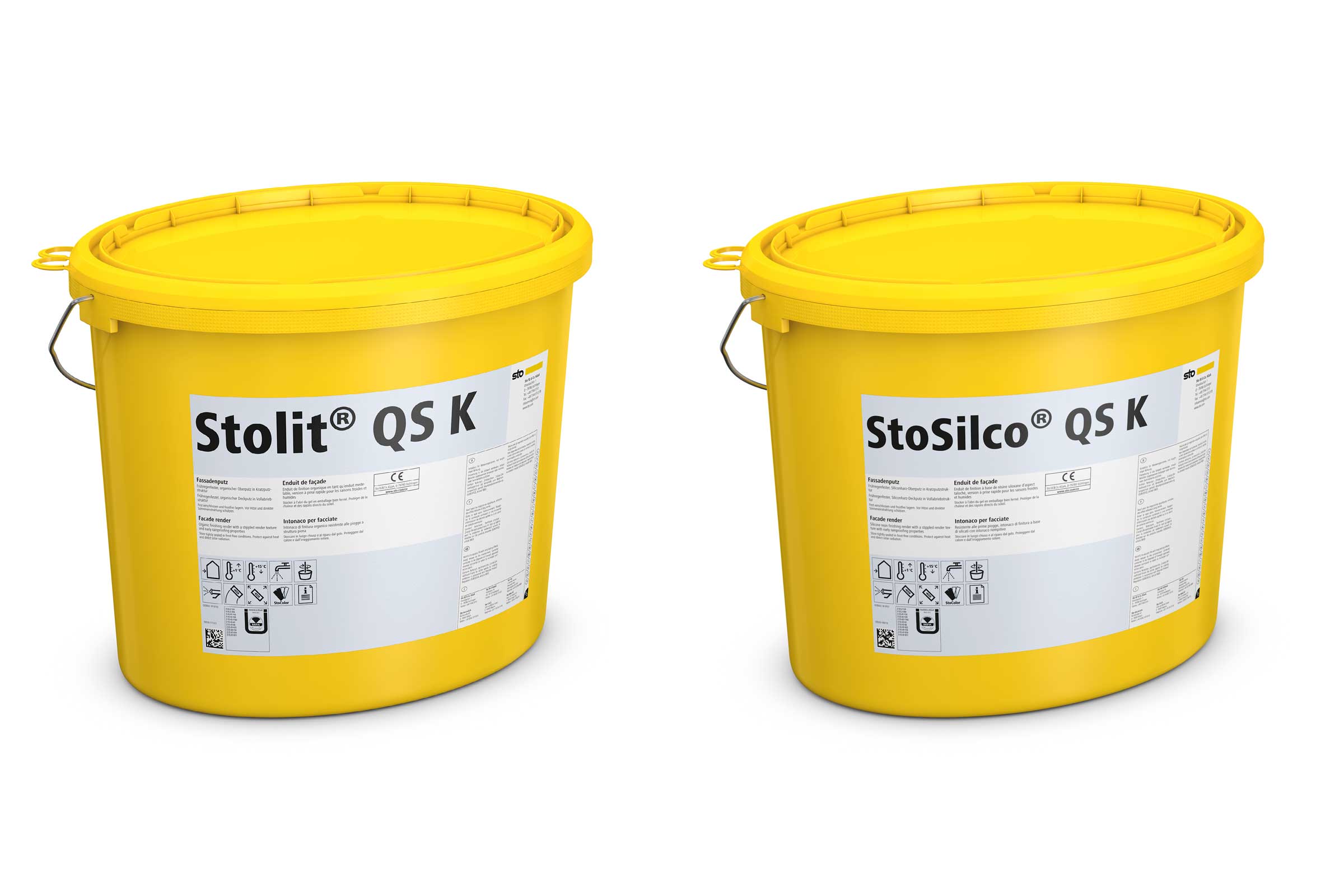 Kolaž: dvije žute Sto kante sa završnim žbukama StoSilco® QS i Stolit®