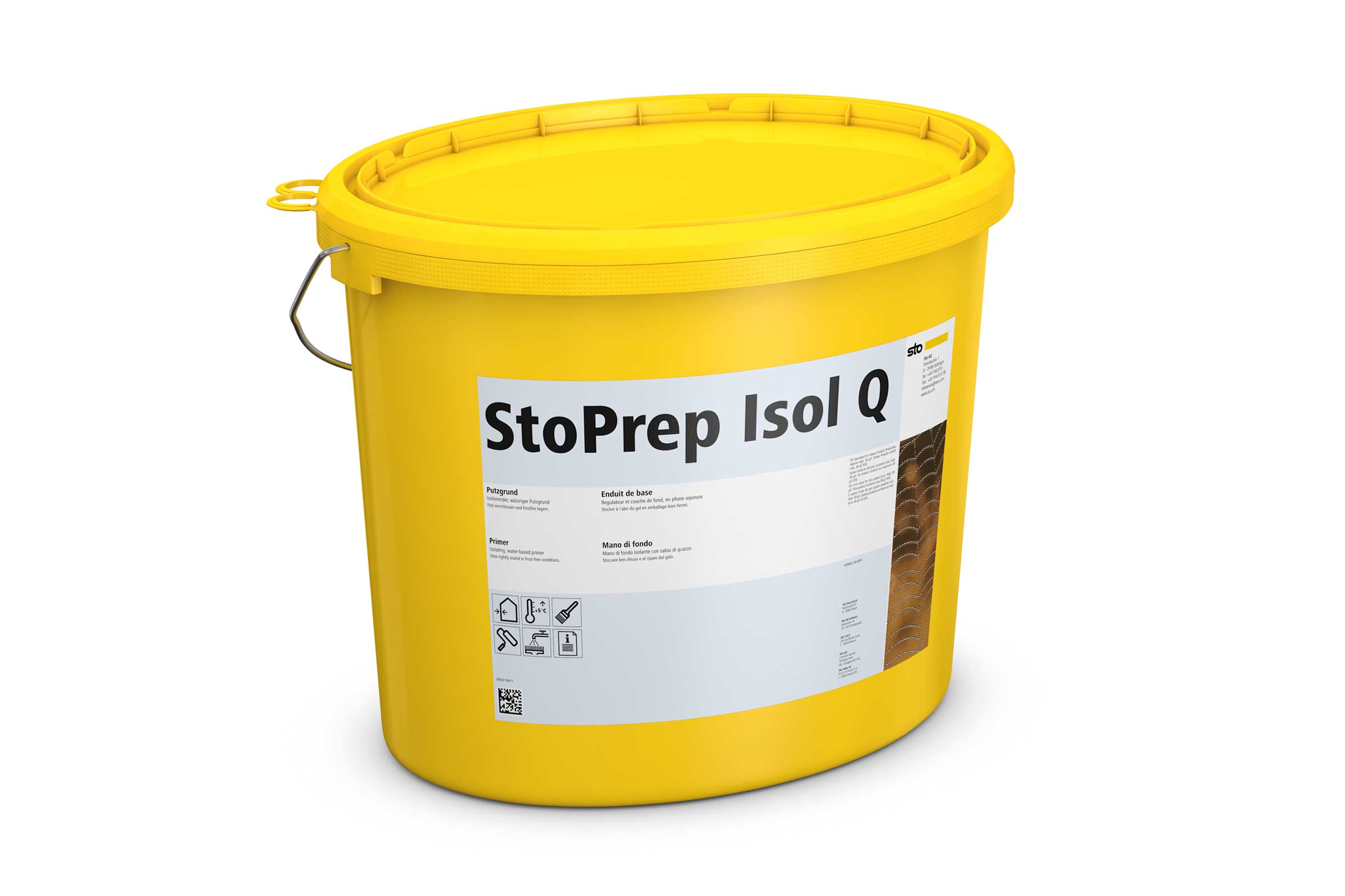 Slika proizvoda: žuta Sto kanta s podlogom za žbuku za mokro i hladno godišnje doba: StoPrep Isol Q