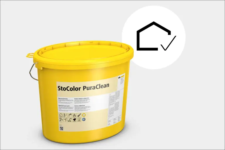 Periva zidna boja StoColor PuraClean, žuta kanta marke Sto s funkcijom kompetencijskog piktograma
