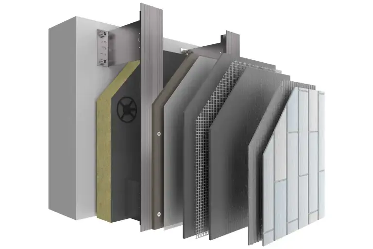 Ovješena ventilirana fasada, struktura sustava StoVentec C sa svim slojevima i završnim premazom od keramike