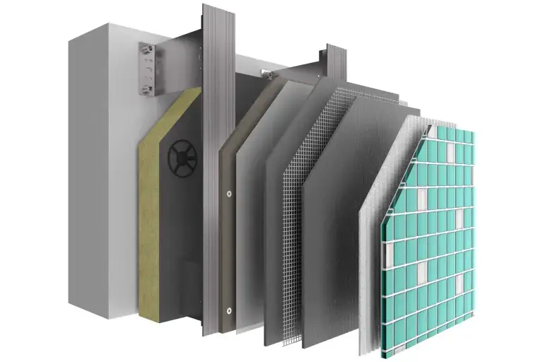 Ovješena ventilirana fasada. struktura sustava StoVentec M sa svim slojevima i oblogom od staklenog mozaika