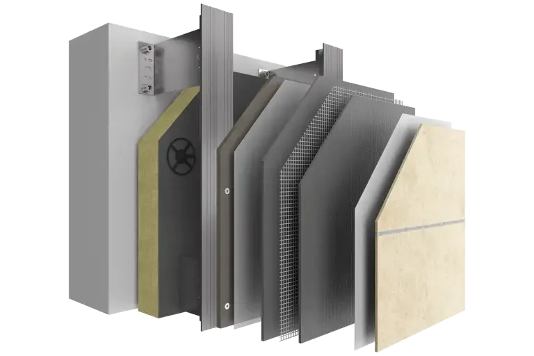 Izolacija ventilirane fasade. struktura sustava StoVentec S sa svim slojevima i završnim premazom od kamena