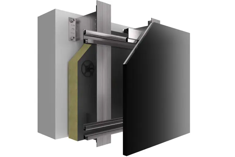 Ovješena ventilirana fasada. struktura sustava ovješene ventilirane fasade StoVentec Glass sa svim slojevima i oblogom od staklenih panela