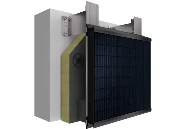 ovješena ventilirana fasada s uokvirenim fotonaponskim modulima, struktura sustava StoVentec Photovoltaics Inlay sa svim slojevima