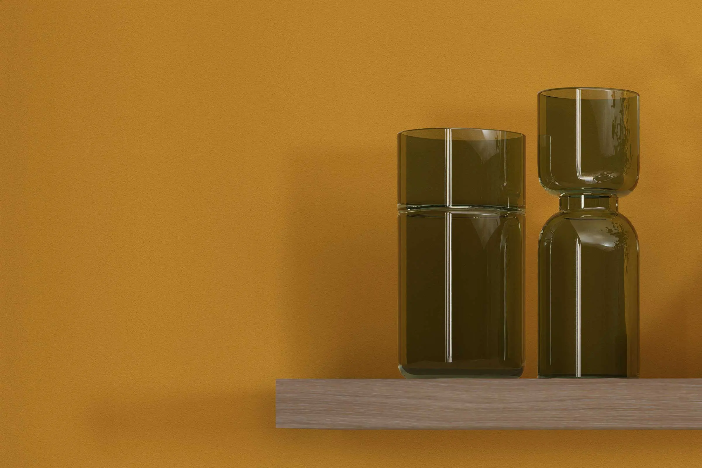 Dizajn zidova u blagovaonici, detalj zidne police s ukrasnim vazama na žutoj zidnoj površini, Interi