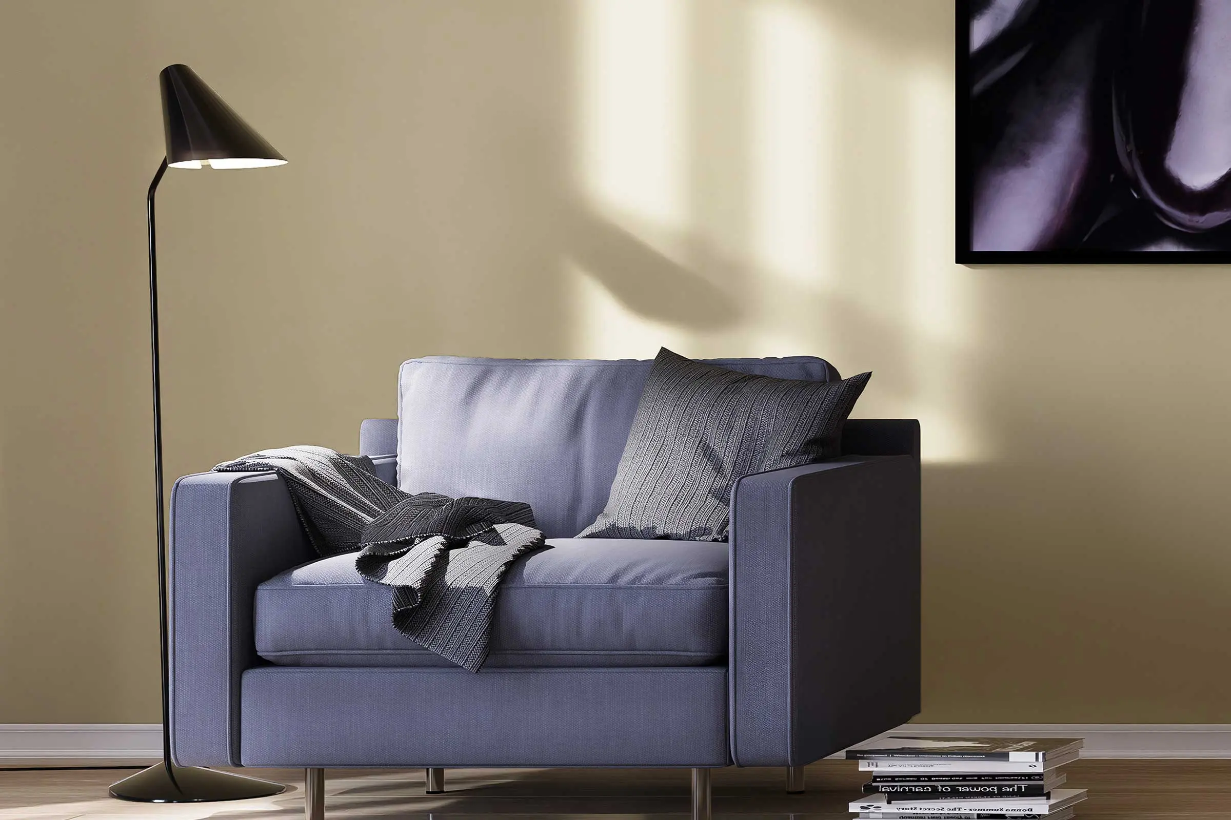 Dizajn zidova u spavaćoj sobi, detalj naslonjača i svjetiljke ispred zida dizajniranog paletom Inter