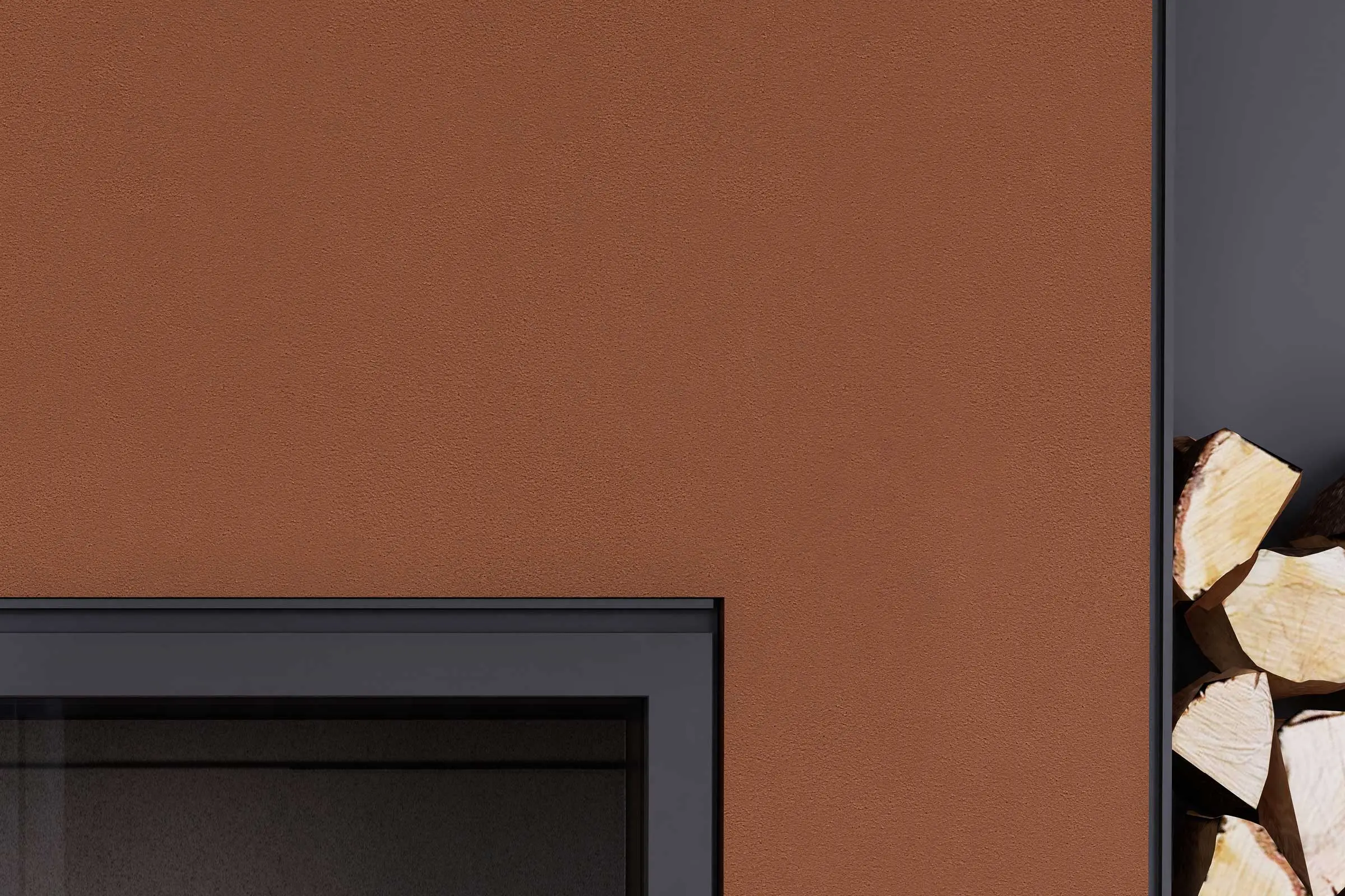 Dizajn zidova u dnevnoj sobi, detalj kamina na drva, crvenosmeđa zidna površina iz palete Interior C