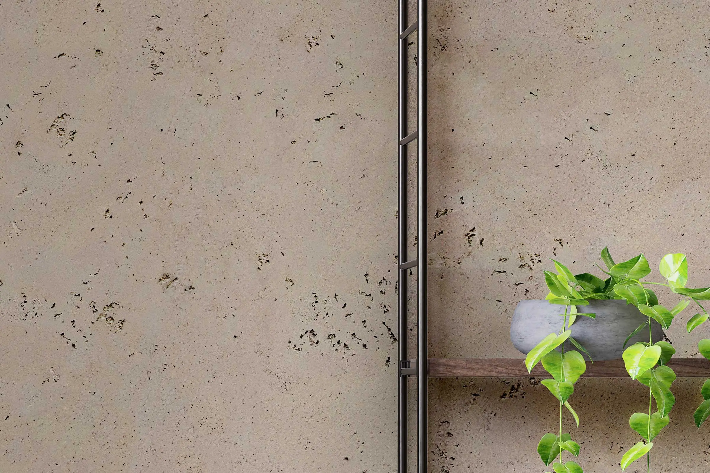 Dizajn zidova u dnevnoj sobi, detalj zidne police sa zelenom biljkom, dizajn zidova paletom boja Int