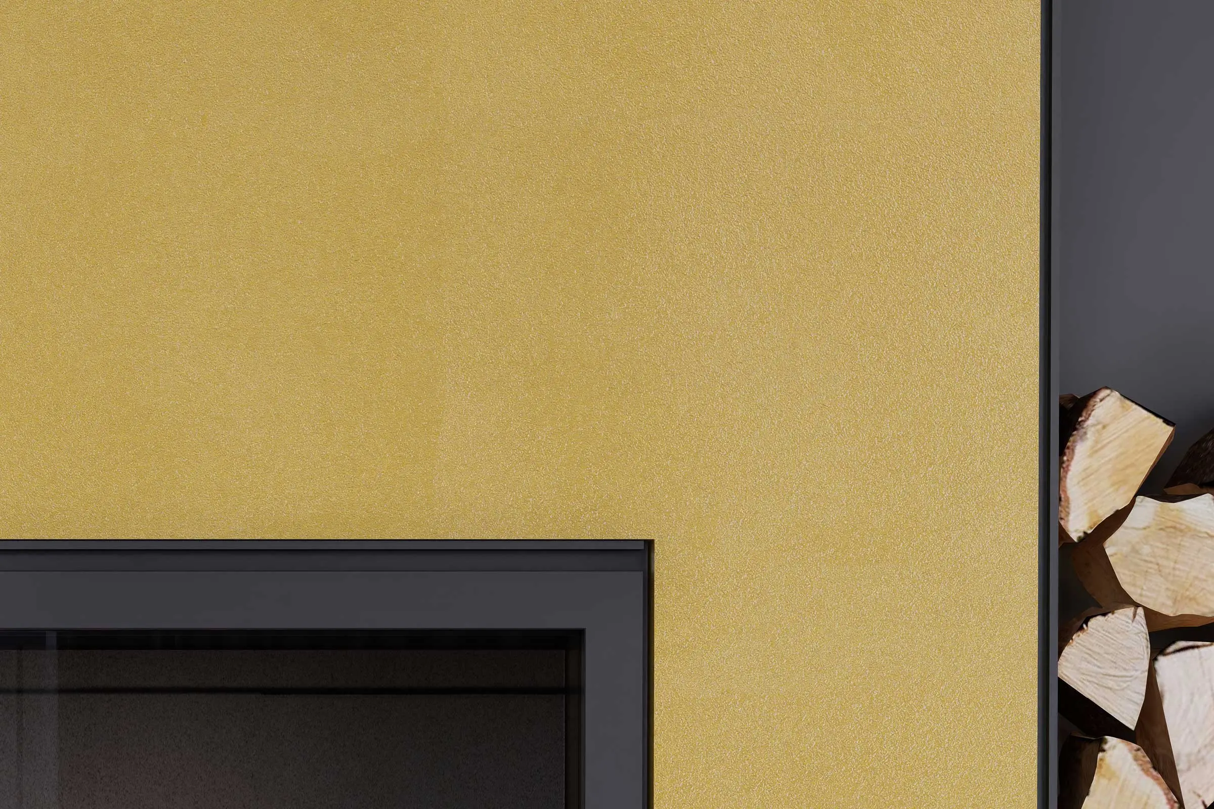 Dizajn zidova u dnevnoj sobi, detalj kamina na drva, žuta zidna površina iz palete Interior Colors 2