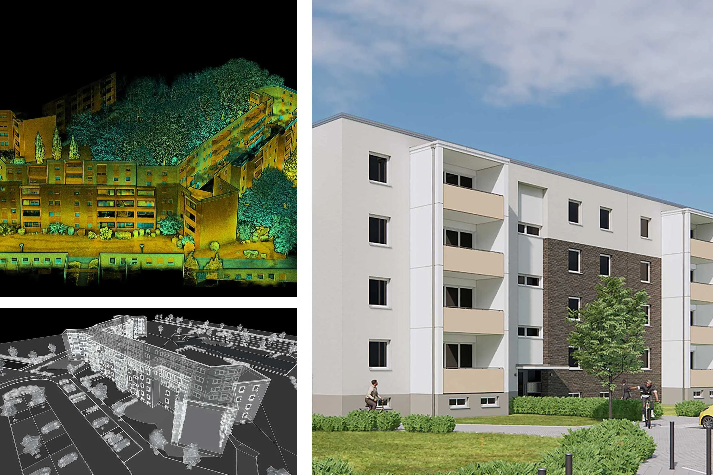 kolaž digitalnog snimanja stambene četvrti u Mannheimu, skeniranje fasade, usluga projektiranja