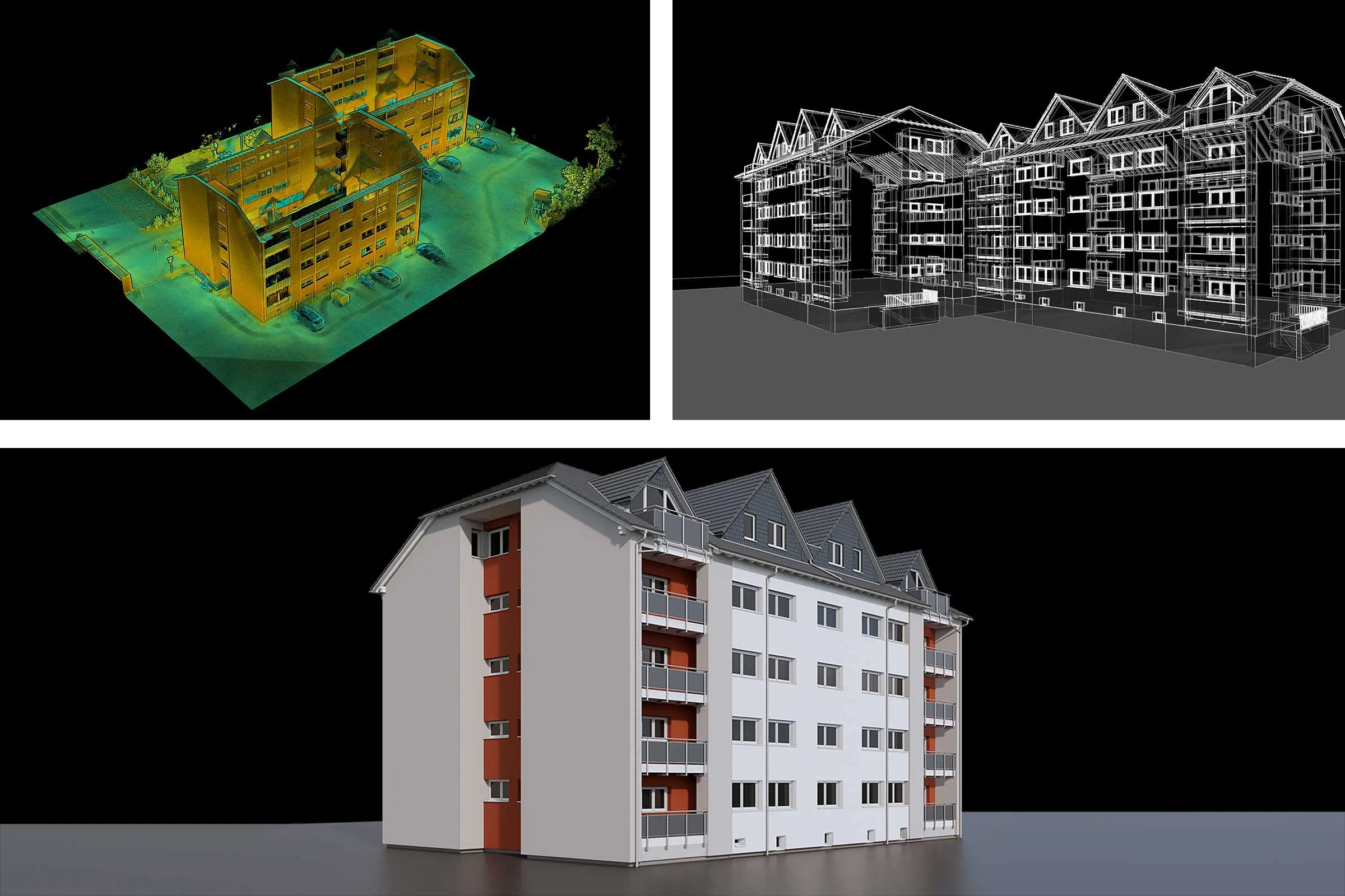 kolaž digitalnog snimanja stambene četvrti, skeniranje fasade, usluga projektiranja tvrtke Sto